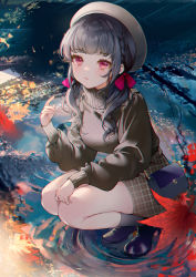 Rule 34 | 1girl, ankle boots, autumn leaves, bare legs, beret, black footwear, black hair, black skirt, black socks, black sweater, boots, bow, commentary request, full body, hair bow, hand up, hat, highres, kinokohime, light smile, long sleeves, looking at viewer, looking up, original, outdoors, plaid, plaid skirt, puddle, red bow, red eyes, reflection, ripples, sidelocks, skirt, socks, solo, squatting, sweater, white hat