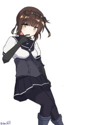 Rule 34 | 1girl, absurdres, black bodysuit, black gloves, black headband, black neckerchief, black pantyhose, black sailor collar, black skirt, bodysuit, bodysuit under clothes, brown hair, corset, elbow gloves, feet out of frame, gloves, hachimaki, hair flaps, hatsuzuki (kancolle), headband, highres, kantai collection, leaning back, neckerchief, one-hour drawing challenge, pantyhose, pleated skirt, robinson (day l full), sailor collar, shirt, short hair, simple background, skirt, solo, white background, white shirt, yellow eyes