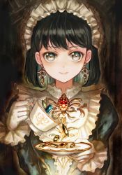 Rule 34 | 1girl, black dress, black hair, blue eyes, bob cut, brooch, closed mouth, commentary request, crystal, cup, dress, earrings, frilled gloves, frills, gem, gloves, highres, holding, holding cup, jewelry, juliet sleeves, keiko (mitakarawa), long sleeves, looking at viewer, maid, maid headdress, original, puffy sleeves, saucer, short hair, smile, solo, teacup, upper body, white gloves