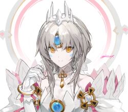 Rule 34 | 1girl, bow, bracelet, cape, closed mouth, code: esencia (elsword), crown, elsword, eve (elsword), forehead jewel, gloves, hair bow, halo, hand up, highres, jewelry, long hair, looking at viewer, sidelocks, simple background, smile, solo, twice12314, upper body, very long hair, white background, white bow, white cape, white gloves, white hair, yellow eyes