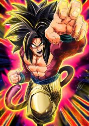 Rule 34 | 1girl, absurdres, attack, black hair, body fur, clenched hand, dougi, dragon ball, dragon ball gt, fighting stance, foreshortening, highres, incoming attack, incoming punch, looking at viewer, male focus, monkey boy, monkey tail, muscular, muscular male, pants, punching, red fur, serious, son goku, spiked hair, super saiyan, super saiyan 4, tail, teeth, topless male, yuuri (fukuroudou)