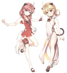 Rule 34 | 10s, 2girls, ahoge, animal ears, bare legs, blade &amp; soul, blonde hair, blue eyes, bow, brown eyes, cat ears, china dress, chinese clothes, covered navel, dog ears, dress, fingerless gloves, flat chest, gloves, hair bow, highres, legs, looking at viewer, lyn (blade &amp; soul), multiple girls, petite, quipao, red hair, ribbon, short dress, single glove, sleeveless, sleeveless dress, smile, tail, tama (tamatamo), tassel, twintails