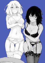 Rule 34 | 10s, 2girls, andou (girls und panzer), bare shoulders, black bra, black hair, black panties, blue background, blush, bra, breast hold, breasts, cleavage, collarbone, covering privates, dark-skinned female, dark skin, embarrassed, folding fan, frown, garter belt, girls und panzer, gluteal fold, greyscale, greyscale with colored background, hair between eyes, hand fan, lace, lace-trimmed bra, lace-trimmed legwear, lace trim, large breasts, looking at viewer, medium hair, monochrome, multiple girls, muteki soda, navel, open mouth, oshida (girls und panzer), panties, simple background, spot color, sweat, sweatdrop, thigh gap, thighhighs, underwear, underwear only, white bra, white panties