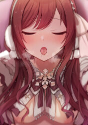 Rule 34 | 1girl, arakumachikano, blush, breasts, capelet, closed eyes, fur capelet, fur trim, hair bobbles, hair ornament, hairband, heavy breathing, highres, hood, hood down, idolmaster, idolmaster shiny colors, long hair, low twintails, medium breasts, nipples, nude, official alternate costume, official alternate hairstyle, open mouth, osaki amana, pov, red hair, solo, sweat, swept bangs, tongue, tongue out, twintails