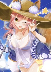 Rule 34 | &gt;;d, 10s, 1girl, ;d, animal ears, bad id, bad pixiv id, beach umbrella, bikini, bikini under clothes, blue bikini, blue sky, blush, breasts, brown hat, cleavage, closed umbrella, commentary request, contrail, day, ears through headwear, fate/extra, fate/extra ccc, fate (series), fox ears, fox shadow puppet, fox tail, hair between eyes, hair ornament, hair scrunchie, hans christian andersen (fate), hat, highres, holding, holding umbrella, innertube, leaning forward, lens flare, long hair, looking at viewer, low-tied long hair, no pants, one eye closed, open mouth, outdoors, pink hair, ramchi, scrunchie, see-through, shawl, shirt, signature, sky, smile, standing, star (symbol), straw hat, string bikini, swim ring, swimsuit, tail, tamamo (fate), tamamo no mae (fate/extra), tamamo no mae (swimsuit lancer) (fate), tamamo no mae (swimsuit lancer) (first ascension) (fate), thighs, umbrella, v-shaped eyebrows, wet, wet clothes, wet shirt, yellow eyes