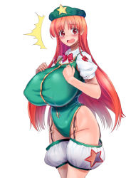 Rule 34 | 1girl, ^^^, adapted costume, bare hips, beret, blush, bow, bowtie, braid, breasts, chinese clothes, covered erect nipples, curvy, female focus, gigantic breasts, hair bow, hair ribbon, hat, hong meiling, huge breasts, impossible clothes, long hair, looking at viewer, open mouth, red eyes, red hair, ribbon, simple background, solo, standing, suica kkk, surprised, thighs, touhou, twin braids, wavy mouth, white background, wide hips, yashai