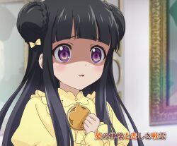 Rule 34 | 1girl, black hair, double bun, dress, hair bun, hand on own chest, highres, licorice mille huarek, long hair, okashi na tensei, open mouth, purple eyes, scared, shaded face, solo, stitched, third-party edit, worried