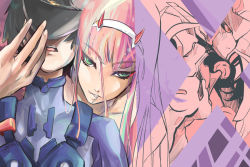 Rule 34 | 10s, 1boy, 1girl, black bodysuit, black hair, blue eyes, bodysuit, couple, darling in the franxx, fangs, fringe trim, green eyes, hair ornament, hairband, hand on another&#039;s hip, hand on headwear, hat, hetero, hiro (darling in the franxx), horns, in mouth, long hair, long sleeves, looking at another, military, military uniform, necktie, oni horns, peaked cap, pilot suit, pink hair, r-is, red horns, red neckwear, short hair, signature, strelizia, sweat, uniform, white hairband, yuganshen, zero two (darling in the franxx)