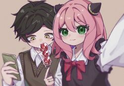 Rule 34 | 1boy, 1girl, anya (spy x family), black hair, bow, bowtie, brown overalls, cellphone, child, damian desmond, food, green eyes, hairpods, highres, holding, holding food, holding phone, long sleeves, overalls, phone, pink hair, red bow, red bowtie, shirt, smartphone, spy x family, sweater vest, white shirt, yellow eyes, yuimeooow