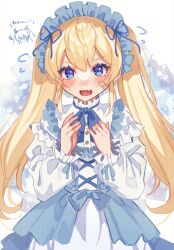 Rule 34 | 1girl, bandaid, bandaid on cheek, bandaid on face, blonde hair, blue dress, blue eyes, blush, chibi, chibi inset, dress, embarrassed, fang, frilled dress, frilled hairband, frilled sleeves, frills, goddess of victory: nikke, hairband, highres, laplace (nikke), lolita fashion, lolita hairband, long hair, looking at viewer, open mouth, shimada (smd dms), solo, twintails, white dress