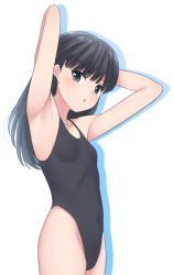 Rule 34 | 1girl, amagami, arms behind head, ayatsuji tsukasa, black hair, black one-piece swimsuit, breasts, cowboy shot, feilong (rong0102), grey eyes, highleg, highleg swimsuit, long hair, one-piece swimsuit, simple background, small breasts, solo, standing, swimsuit, white background