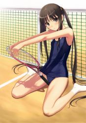 Rule 34 | 00s, 1girl, absurdres, bare shoulders, brown eyes, brown hair, cameltoe, covered erect nipples, fault!!, flat chest, highres, legs, long hair, long legs, looking at viewer, one-piece swimsuit, parted lips, racket, scan, school swimsuit, sidelocks, sitting, skindentation, socks, solo, sugiyama mio, swimsuit, tennis net, tennis racket, thighs, tony taka, twintails, very long hair, wariza, white socks