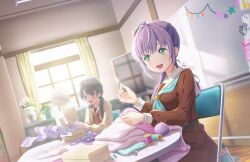 Rule 34 | :d, aqua neckerchief, blue eyes, blue hair, blue ribbon, brown cardigan, brown dress, cardigan, chair, clubroom, dark blue hair, dress, dutch angle, flower, folding chair, game cg, green eyes, hair flower, hair ornament, hair ribbon, hasu no sora school uniform, highres, holding, holding sewing needle, in-universe location, indoors, link! like! love live!, lone nape hair, long hair, long sleeves, love live!, low twintails, magnet, mirror, mole, mole on neck, murano sayaka, neckerchief, official art, ok sign, on chair, open cardigan, open clothes, open mouth, otomune kozue, pincushion, plant, pleated dress, purple hair, red flower, red neckerchief, refrigerator magnet, ribbon, sailor collar, sailor dress, school uniform, scissors, sewing, sewing machine, side ponytail, sidelocks, sitting, smile, spool, surprised, table, teeth, third-party source, twintails, upper teeth only, vase, virtual youtuber, white flower, white sailor collar, whiteboard, winter uniform