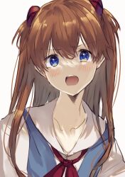 Rule 34 | 1girl, :o, absurdres, artist request, blue eyes, brown hair, highres, long hair, looking at viewer, neon genesis evangelion, school uniform, simple background, skirt, solo, souryuu asuka langley, suspender skirt, suspenders, tokyo-3 middle school uniform, tsundere, two side up, white background