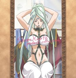 Rule 34 | 1girl, adjusting hair, bare shoulders, breasts, clothes, female focus, green hair, grey eyes, hair ornament, hairpin, kimura takahiro, large breasts, long hair, mirror, navel, nipples, pointy ears, proto nirvana, reflection, sitting, solo, steam hearts, strap, tattoo, writing