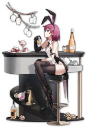 Rule 34 | breasts, cake, cake slice, cup, earrings, flower, food, gloves, hair ornament, highleg, highres, holding, holding cup, ice cream, jewelry, leotard, looking at viewer, mahjong soul, medium hair, miyanaga teru, pink hair, playboy bunny, rabbit hair ornament, rabbit tail, red hair, rose, saki (manga), sideways glance, sitting, small breasts, tail, white flower, white rose