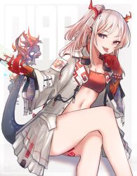 Rule 34 | 1girl, absurdres, arknights, bandeau, beads, braid, character name, collarbone, crossed legs, dragon horns, dragon tail, feet out of frame, flame-tipped tail, highres, holding, horns, jacket, looking at viewer, multicolored hair, navel, nian (arknights), open clothes, open jacket, open mouth, pointy ears, ponytail, purple eyes, red bandeau, red tube top, sitting, solo, strapless, streaked hair, tail, tattoo, tongue, tongue out, tsyn, tube top, white background, white hair, white jacket, wristband