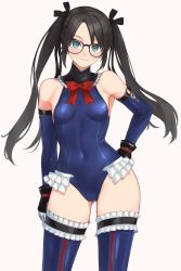 Rule 34 | 1girl, absurdres, bare shoulders, black-framed eyewear, blue eyes, blue leotard, blue one-piece swimsuit, blue thighhighs, blush, bow, breasts, closed mouth, commission, cosplay, covered navel, dead or alive, dead or alive 5, frills, glasses, gloves, hair bow, hand on own hip, highres, idolmaster, idolmaster shiny colors, leotard, lips, long hair, looking at viewer, marie rose, marie rose (cosplay), mitsumine yuika, one-piece swimsuit, red ribbon, ribbon, shiny clothes, simple background, skeb commission, small breasts, smile, swimsuit, taiyou-n, thighhighs, thighs, turtleneck, twintails