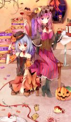 Rule 34 | 2girls, :d, alternate costume, bad id, bad pixiv id, bare shoulders, bat wings, blue hair, blush, book, bottle, cake, cake slice, chair, character doll, crescent, cup, detached sleeves, doll, dress, drinking glass, female focus, food, fork, halloween, hat, hat ribbon, holding, jack-o&#039;-lantern, koakuma, long hair, looking at viewer, multiple girls, open mouth, pantyhose, patchouli knowledge, pudding, purple eyes, purple hair, red eyes, remilia scarlet, ribbon, sitting, smile, striped clothes, striped dress, table, tamagogayu1998, touhou, window, wine glass, wings, wrist cuffs, | |