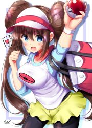 Rule 34 | 1girl, bag, black pantyhose, blue eyes, blush, bow, breasts, brown hair, collarbone, cowboy shot, creatures (company), double bun, game freak, hair between eyes, hair bun, heart, highres, holding, holding poke ball, impossible clothes, impossible shirt, large breasts, long hair, looking at viewer, mokufuu, nintendo, open mouth, outstretched arm, pantyhose, pantyhose under shorts, pink bow, poke ball, pokemon, pokemon bw2, raglan sleeves, rosa (pokemon), shirt, shorts, signature, simple background, solo, speech bubble, spoken heart, twintails, very long hair, visor cap