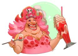 Rule 34 | 1girl, blush, breasts, charlotte linlin, cleavage, cropped torso, dress, drooling, eating, eyeshadow, fat, food, happy, hat, highres, holding, ice cream, jewelry, keysandcrosses, large pectorals, lipstick, long hair, makeup, medium breasts, multiple rings, old, old woman, one piece, pectorals, pink dress, pink hair, pirate, pirate hat, purple eyeshadow, ring, short hair, smile, solo, spoon, sundae, wrinkled skin