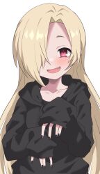 Rule 34 | 1girl, alternate hair length, alternate hairstyle, black jacket, black nails, blonde hair, blush, collarbone, commentary request, fang, fingernails, hair over one eye, halulu, highres, idolmaster, idolmaster cinderella girls, jacket, long hair, long sleeves, looking at viewer, nail polish, open mouth, red eyes, shirasaka koume, simple background, sleeves past wrists, smile, solo, white background