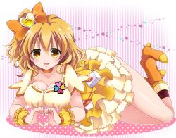Rule 34 | 00s, 1girl, blonde hair, boots, breasts, choker, cleavage, cure pine, fresh precure!, heart, heart hands, large breasts, looking at viewer, magical girl, okayashi, precure, shoe dangle, short hair, skirt, smile, solo, yamabuki inori, yellow eyes