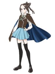 Rule 34 | 1girl, arm at side, assault lily, black footwear, black thighhighs, blue cloak, blue eyes, blue skirt, bow-shaped hair, brown cloak, brown hair, brown vest, buttons, cloak, closed mouth, collared shirt, commentary request, double-breasted, full body, garter straps, green necktie, hand on own hip, highres, ichinomiya michaela himari, light blush, loafers, looking away, miniskirt, necktie, parted bangs, pleated skirt, ponytail, school uniform, shakeza, shirt, shoes, short hair, short necktie, simple background, skirt, solo, standing, striped clothes, striped skirt, thighhighs, two-sided cloak, two-sided fabric, vertical-striped clothes, vertical-striped skirt, vest, white background, white shirt, zettai ryouiki