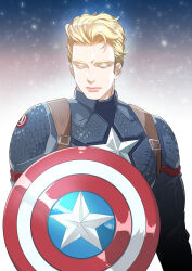 Rule 34 | 1boy, animification, blonde hair, blue bodysuit, bodysuit, captain america, captain america (series), closed eyes, closed mouth, commentary request, gradient background, highres, holding, holding shield, male focus, marvel, marvel cinematic universe, shield, short hair, silversnow, solo, standing, star (symbol), steve rogers, striped, superhero costume, white background