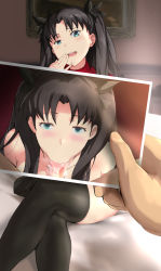 Rule 34 | 1boy, 1girl, :&gt;=, absurdres, black hair, cafekun, fate/stay night, fate (series), fellatio, highres, long hair, looking at viewer, oral, penis, pov, smug, tohsaka rin, twintails