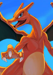 Rule 34 | blue background, blue eyes, charizard, claws, collarbone, commentary, creatures (company), fangs, game freak, gen 1 pokemon, highres, karamimame, looking at viewer, nintendo, no humans, open mouth, pokemon, pokemon (creature), slit pupils, tongue