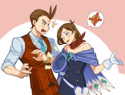 Rule 34 | 1boy, 1girl, ^^^, ace attorney, antenna hair, apollo justice, apollo justice: ace attorney, aqua necktie, bandana, bare shoulders, blue dress, blue eyes, blue headwear, blush, bracelet, breast pocket, breasts, brooch, brown eyes, brown hair, buttons, closed mouth, collarbone, collared shirt, cowboy shot, crystal, dress, earrings, eye contact, fanny pack, forehead, forked eyebrows, gem, gloves, green gemstone, hand up, happy, hat, heart, holding, holding clothes, holding hat, jewelry, looking at another, matching hair/eyes, necktie, notice lines, off-shoulder dress, off shoulder, one eye closed, open mouth, pants, pink background, pocket, red neckwear, red pants, red vest, shirt, short dress, short hair, sidelocks, simple background, sleeves rolled up, small breasts, smile, speech bubble, standing, surprised, sweat, tan (mikacandy), teeth, tongue, tongue out, top hat, trucy wright, turn pale, two-tone background, unworn hat, unworn headwear, vest, white gloves, white shirt, wide-eyed, wink