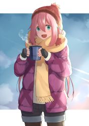 Rule 34 | 1girl, absurdres, aqua eyes, beanie, black gloves, black shorts, blue sky, brown pantyhose, coat, contrail, cowboy shot, cup, day, enpera, fingerless gloves, fringe trim, gloves, hair between eyes, hat, highres, holding, holding cup, kagamihara nadeshiko, kou v05first, legs apart, long hair, long sleeves, looking at viewer, open clothes, open coat, pantyhose, pantyhose under shorts, pink hair, purple coat, red hat, scarf, short hair with long locks, shorts, sidelocks, sky, solo, standing, steam, tareme, unzipped, very long hair, winter clothes, yellow scarf, yurucamp