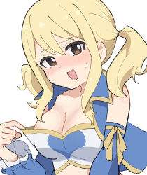 Rule 34 | 1girl, :d, areola slip, bare shoulders, blonde hair, blush, breasts, brown eyes, cleavage, collarbone, detached sleeves, fairy tail, frilled sleeves, frills, hair between eyes, highres, long sleeves, looking at viewer, lucy heartfilia, medium breasts, medium hair, nagumo uka, open mouth, ribbon, short twintails, sidelocks, simple background, smile, sweatdrop, swept bangs, twintails, white background, yellow ribbon