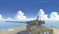 Rule 34 | 1girl, artist request, black hair, brown eyes, caterpillar tracks, cloud, commentary request, dated, day, grass, hairband, hammer, jerry can, lighthouse, m4 sherman, military, military vehicle, motor vehicle, ocean, original, scenery, short hair, solo, tank, translation request, water, world of tanks