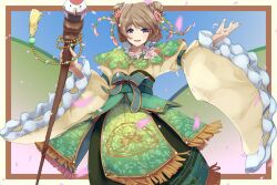 Rule 34 | ajapar, bird, brown hair, capelet, double bun, dress, facing viewer, falling petals, floral print, flower, frills, green dress, hair bun, hair flower, hair ornament, hand up, holding, holding staff, koizumi hanayo, long sleeves, love live!, love live! school idol festival, obi bow, open mouth, petals, purple eyes, smile, staff, statue, wide sleeves