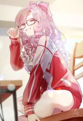 Rule 34 | 1girl, asazuke25, black-framed eyewear, bow, commentary request, drill hair, glasses, grin, hair bow, high ponytail, highres, hyakumantenbara salome, hyakumantenbara salome (casual), jacket, long hair, nijisanji, official alternate costume, pink bow, purple eyes, purple hair, red shorts, shorts, smile, solo, track jacket, virtual youtuber