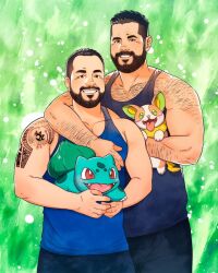 Rule 34 | 2boys, arm around neck, arm hair, back hair, bara, bare arms, beard, black tank top, blue tank top, bulbasaur, chest hair peek, commentary, couple, creatures (company), daisukebear, english commentary, facial hair, fangs, feet out of frame, game freak, gen 1 pokemon, gen 8 pokemon, hairy, hand on another&#039;s chest, highres, holding, holding pokemon, looking at viewer, male focus, mature male, multiple boys, muscular, muscular male, mustache, nintendo, original, pectoral cleavage, pectorals, pokemon, pokemon (creature), receding hairline, short hair, shoulder tattoo, side-by-side, sidepec, smile, standing, stomach, tank top, tattoo, thick mustache, tongue, tongue out, undercut, yamper, yaoi
