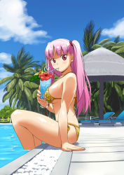 Rule 34 | 1girl, arle, bad id, bad pixiv id, bikini, breasts, chair, cloud, day, drink, drinking, drinking straw, flower, from side, hair bobbles, hair ornament, hibiscus, large breasts, long hair, looking at viewer, lounge chair, original, outdoors, palm tree, pink hair, pool, poolside, red eyes, shiny skin, side-tie bikini bottom, sideboob, sitting, sky, soaking feet, solo, swimsuit, tree, twintails, water, yellow bikini