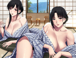Rule 34 | 2girls, black eyes, black hair, blue kimono, blush, breasts, cleavage, collarbone, highres, huge breasts, indoors, japanese clothes, kimono, large breasts, looking at viewer, loose clothes, mole, mole under mouth, mother and daughter, multiple girls, naye (xter), needle, nush (xter), red eyes, red lips, shiny skin, sidelocks, tongue, tongue out, xter