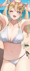 Rule 34 | 1girl, accio, armpits, beach, bikini, blonde hair, blue eyes, blue nails, breasts, character name, cleavage, cowboy shot, day, earrings, eyelashes, eyewear on head, fang, hair ornament, hair tie, hairclip, halterneck, hands up, highres, hoshino manako, jewelry, large breasts, long hair, nail polish, navel, necklace, ocean, one eye closed, open mouth, original, outdoors, side-tie bikini bottom, sitting, skindentation, smile, solo, star (symbol), star earrings, star print, stomach, string bikini, sunglasses, swimsuit, symbol-shaped pupils, twintails, white bikini
