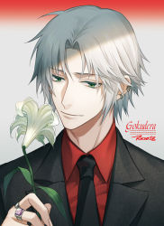 Rule 34 | 1boy, black jacket, black necktie, character name, closed mouth, collar, collared jacket, collared shirt, earrings, flower, formal, gokudera hayato, green eyes, grey background, grey hair, holding, holding flower, jacket, jewelry, katekyo hitman reborn!, lily (flower), looking down, male focus, multicolored background, necktie, red background, red shirt, ring, ru (famia), shirt, short hair, simple background, solo, suit, upper body, white flower
