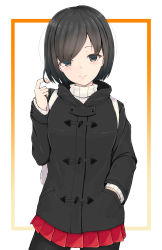 Rule 34 | 1girl, absurdres, backpack, bag, black coat, black hair, black pantyhose, blush, closed mouth, coat, commentary request, cowboy shot, duffel coat, grey eyes, hand in pocket, head tilt, highres, long sleeves, original, pantyhose, pleated skirt, red skirt, ribbed sweater, skirt, smile, solo, sweater, temari rin, white background, white sweater