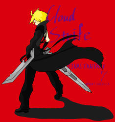 Rule 34 | 1990s (style), 1boy, absurdres, blonde hair, character name, cloud strife, copyright name, final fantasy, final fantasy vii, from behind, highres, male focus, red background, retro artstyle, simple background, solo, standing, sword, text background, weapon