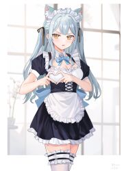 Rule 34 | 1girl, absurdres, animal ear fluff, animal ears, apron, back bow, bang dream!, bang dream! it&#039;s mygo!!!!!, black dress, blue bow, blue hair, blue ribbon, bow, breasts, cat ears, chinese commentary, cleavage, commentary request, corset, cowboy shot, dated, detached collar, dress, heart, heart hands, highres, indoors, light blue hair, long hair, looking at viewer, maid apron, maid headdress, medium breasts, neck ribbon, open mouth, puffy short sleeves, puffy sleeves, ribbon, short sleeves, signature, solo, standing, thighhighs, togawa sakiko, twintails, white apron, white thighhighs, xiongji z z, yellow eyes