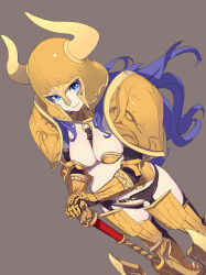 Rule 34 | 1girl, armor, axe, battle axe, bikini armor, black gloves, black thighhighs, blue eyes, blue hair, breasts, closed mouth, dutch angle, elbow gloves, enkyo yuuichirou, fake horns, feet out of frame, floating hair, garter belt, gauntlets, gloves, grey background, hands on hilt, helmet, highres, hisho collection, horned helmet, horns, large breasts, looking at viewer, armored boots, pauldrons, shoulder armor, simple background, smile, solo, standing, thighhighs, weapon