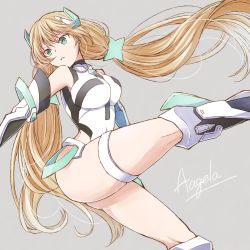 Rule 34 | 1girl, angela balzac, bare shoulders, blonde hair, blue eyes, breasts, elbow gloves, gloves, headgear, large breasts, leotard, long hair, low twintails, mishiro (andante), rakuen tsuihou, smile, solo, thigh strap, twintails, very long hair