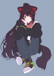 Rule 34 | 1girl, alternate costume, alternate hairstyle, animal ears, arms on knees, black choker, black footwear, black hair, black jacket, blue background, blue pants, casual, cheek rest, choker, closed mouth, commentary, cross-laced footwear, crossed legs, dog ears, dog tail, flower, full body, hair flower, hair ornament, hand on own cheek, hand on own face, heterochromia, highres, inui toko, jacket, long hair, looking to the side, nijisanji, orange eyes, pants, ponytail, red eyes, shirt, shoes, simple background, sitting, sneakers, solo, tail, talunilu uu3, virtual youtuber, white shirt