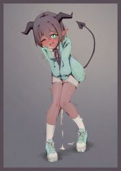 Rule 34 | 1girl, aqua cardigan, aqua eyes, aqua footwear, between legs, black horns, black ribbon, blush, bob cut, border, breasts, breath, brown border, brown hair, cardigan, choco (rune (dualhart)), collared shirt, cross-laced footwear, dark-skinned female, dark skin, demon girl, demon tail, ear blush, embarrassed, female focus, full body, gradient background, grey background, hair intakes, hand between legs, have to pee, highres, horns, knees together feet apart, leaning forward, long sleeves, looking at viewer, miniskirt, neck ribbon, nose blush, one eye closed, open cardigan, open clothes, open mouth, original, own hands together, pee, peeing, peeing self, pencil skirt, pigeon-toed, pointy ears, ribbon, rune (dualhart), shiny skin, shirt, shoes, short hair, sidelocks, simple background, skirt, small breasts, sneakers, socks, solo, standing, sweat, tail, tears, trembling, v arms, white shirt, white skirt, white socks, wince