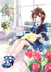 Rule 34 | 1girl, ahoge, arm ribbon, bench, blue dress, blue eyes, blue footwear, blue ribbon, blush, book, braid, brown hair, chain, closed mouth, commentary request, day, dress, flower, full body, hair flaps, hair ornament, hair over shoulder, hair ribbon, hairpin, high heels, indoors, ishida mia, kantai collection, legs together, long hair, looking at viewer, open book, pillow, plant, potted plant, red ribbon, ribbon, sailor collar, sailor dress, shigure (kancolle), shigure kai ni (kancolle), short sleeves, single braid, sitting, smile, socks, solo, sunlight, tareme, tulip, vase, white sailor collar, white socks, window